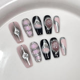 Lianfudai 10Pcs Black Handmade Press On Nails Coffin Fake Nails Full Cover Gradient Metal Contrast Artificial Manicure Wearable Nail Tips