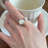 Lianfudai Fashion Seashell Pearl Rings for Women Girls Trendy French Flowers Opening Ring Aesthetics Designer Party Jewelry Gifts