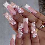 Lianfudai    24Pcs Artificial Nails Set Press on Nails Long Ballet False Nails with Rhinestone Flower Coffin French Wearable Fake Nails