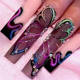 Lianfudai 24Pcs Gradient Long Ballet False Nails Butterfly Designs Fake Nails with Rhinestone Wearable Coffin Nail Tip Press on Nails