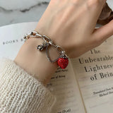 Lianfudai Silver Color Thick Chain Bracelets for Women Trendy Elegant Charming Sparkling Strawberry Zircon Party Jewelry