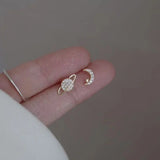 Lianfudai Simple Piercing Stud Earrings for Women Star Moon Zircon Silver Color Needles Tragus Cartilage Asymmetry Pendiente Fine Jewelry