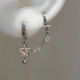 Lianfudai  1PCS Silver Color Star Chain Double Ear Hole Stainless Steel Ear Bone Nail Y2K Fashion Hottie Earrings for Women Jewelry