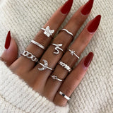 Lianfudai New Tide Individuality Retro Geometric Hollowing Inlay Gem Rings SetLiquid State Metal Four-Piece Rings Set Paty Jewelry