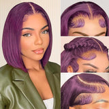 Lianfudai Dark Purple Short Bob Wigs Human Hair Burgubdy Straight Bob Wigs Grape Purple 13x4 HD Lace Frontal Wigs Brazilian Human Hair Wig