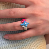 Lianfudai Colorful Enamel Heart Sweet Ring Trendy Geometric Dripping Oil for Women Girls Funny Y2K Chunky Jewelry Summer NEW
