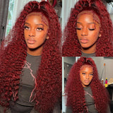 Lianfudai Burgundy Human Hair Lace Frontal Wigs Colored 99j Red Wig For Women Brazilian 13x4 Deep Wave 30 Inch Water Wave Lace Front Wig