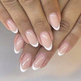 Lianfudai current nail trends 24Pcs Almond French Fake Nails with Glue Simple Oval False Nails Press on Nails Wearable Finished DIY Full Cover Nail Tips