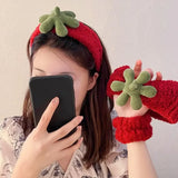 Lianfudai Red Fleece Hairbands Cute Strawberry Leaves Hair Hoops Wrist Strap Girls Lovely Headbands Christmas Ornament Hair Accessories