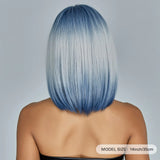 Lianfudai Medium Length Blue White Ombre Straight Synthetic Hair With Bangs Short Bob Cosplay Wig for Women Daily Party Heat Resistant