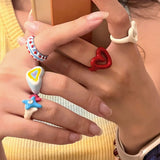 Lianfudai Colorful Enamel Heart Sweet Ring Trendy Geometric Dripping Oil for Women Girls Funny Y2K Chunky Jewelry Summer NEW