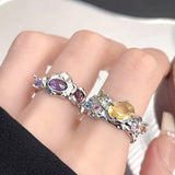 Lianfudai Korea Colorful Stone Oil Drip Rhinestone Trendy Geometry Rings For Women Heart Star Girls Y2k Jewelry Gifts