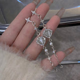 Lianfudai Korean Cat Eye Stone Love Tassel Earrings Women Fashion Temperament Light Luxury Star Earring Party Jewelry Gifts