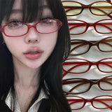 Lianfudai Y2K Women Retro Oval Square Glasses Red Green Frame Glass Eyewear Decorative Computer Anti-blue Eyeglasses with Seaside Driving