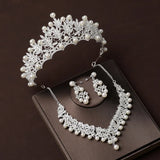 Lianfudai Fashion Crystal Pearl Costume Jewelry Sets Rhinestone Statement Necklace Earrings Crown Tiaras Set Women Wedding Jewelry Sets