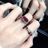 Lianfudai Kpop Fashion Punk Red Crystal Heart Irregular Open Metal Rings Women Vintage Grunge Aesthetic EMO Y2K Jewelry Accessories