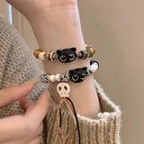 Lianfudai 2PCS Tassels Big Eye Cat Bracelets for Women Men Sweet Cool Skull Ceramic Beaded Bracelet Aesthetic Party Jewelry Accessories