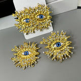 Lianfudai Exaggerated Sparkling Crystal Eye Earrings Retro Luxury Open Ring Brooch Earring Set