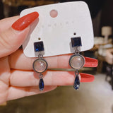 Lianfudai  Korean Light Luxury Blue Retro Crystal Eardrop Exquisite Simple Silver Color Earrings For Woman  Jewelry Accessories