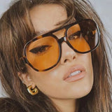 Lianfudai Fashion Pilot Oversized Sunglasses Woman Personality Double Bridges Sun Glasses Female Retro Leopard Orange Mirror Eyewear