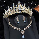 Lianfudai Luxury Silver Color Opal Water Drop Crown Bridal Jewelry Sets Rhinestone Tiaras and Necklace Earrings Wedding Dress Jewelry Set