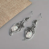 Lianfudai Bohemian Opal Dangle Earrings - Elegant Silver Plated Jewelry ForHolidays and Special Occasions