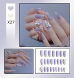 Lianfudai 24Pcs French With Drill Short Fake Nails Press On Nail Tips Artificial Full Cover Cute Bow Wearing False Nails Art Free Shipping