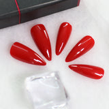 Lianfudai Stiletto Mirror Red Light Gossy Red Color Fingernails Sharp Fake Nails Art Medium Size Press On Nails Wholesale With Tabs