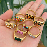 Lianfudai New Trendy Chic White Green Colorful Rhinestone Crystal Stainless Steel Rings for Women Charm Unique Ring Finger Jewelry