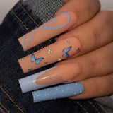 Lianfudai current nail trends 2023   24Pcs Long French Fake Nails with Glue Ballet False Nails Butterfly Rhinestone Design Press on Nails Wearable Coffin Nail Tips