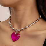 Lianfudai Fuchsia Black Velvet Big Heart Pendant Choker Necklace for Women Cool Punk Beaded Chain New Year Lovely Jewelry