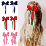 Lianfudai  2Pcs Christmas Hair Bow Clips For Women Girls Long Tassel Hairpins Solid Ribbon Red Hairgrips Headwear Hair Accessories