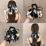 Lianfudai New Classy Women's Floating Ribbon Bow Ponytail Hair Ring Retro Ink Broken Flower Hairband Headband Girls Hair Accessories Gifts