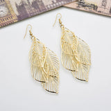 Lianfudai Dangle Earrings for Women Handmade Boho Super Lightweight Boho Hollow Filigree Long Leaf Earring Gold Silver Plated