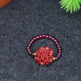 Lianfudai Natural Vermilion Garnet Beaded Rose Ring Purple Gold Sand Love Buddha Head Ring Fashion Jewelry Gift for Women