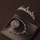 Lianfudai Bridal Headwear Crown Necklace Earrings Four Piece Set of Green Colour Women's Exquisite Party Tiaras