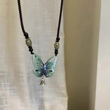 Lianfudai Green Acrylic Butterfly Necklace for Women Braided Rope Fairycore Necklaces Temperament Fashion Jewelry Summer New In