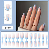 Lianfudai 24Pcs Long Round Head Press On Nail Art Seamless Removable Fake Nails With Glue Ballet Coffin Wearing Blue Reusable False Nails