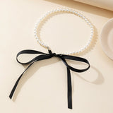 Lianfudai Korean Romantic Imitation Pearl Beaded Choker Fashion Black Velvet Adjustable Bow Necklace Banquet Wedding Jewelry