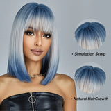 Lianfudai Medium Length Blue White Ombre Straight Synthetic Hair With Bangs Short Bob Cosplay Wig for Women Daily Party Heat Resistant