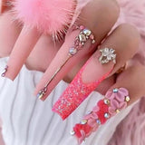 Lianfudai Fall nail trends 24Pcs Long Ballet False Nails Pink Ballet Fake Nails with Rhinestone Glitter French Flower Design Press on Nails Full Nail Tips