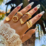 Lianfudai 6Pcs/Set Gold Color Smooth Geometric Open Rings Set For Women Exaggerated Metal Irregular Thick Chunky Ring Jewelry Gift