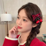 Lianfudai Cherry Red Bow Velvet Texture Elegant Hair Clip Fashionable Versatile Edge Hairpin Sweet Cool Headwear Girl Hair Accessories