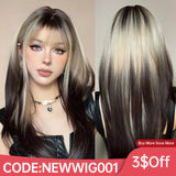 Lianfudai Ombre Synthetic Straight Cosplay Women Hair Platinum Blonde to Black Hair Long Layered Natural Wigs with Bangs for White Women