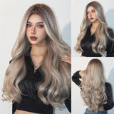 Lianfudai Orange Blonde Ombre Long Wavy Synthetic Wigs with Bangs Party Cosplay Wig for Women Natural Fake Hair Heat Resistant