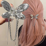 Lianfudai Y2k Metal Mini Butterfly Hair Claws for Women Ladies Black Silver Small Hair Clips with Tassel Chains Hairpins Hair Accessories