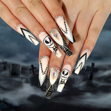 Lianfudai 24Pcs Halloween False Nails Long Ballet Fake Nails with Ghost Cobweb Design Pink French Coffin Full Cover Press on Nail Tips