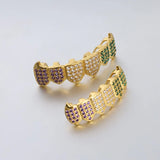 Lianfudai Hip Hop Colorful Full Iced Teeth Grillz Caps Bling Cubic Zircon Micro Pave Top & Bottom Charm Grills Set For Men Women Jewelry