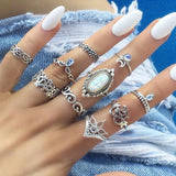 Lianfudai Fashion Cutout Moon Snake Vintage Turquoise Charm Ring New Jewelry for Party Trendy Flower Crystal Geometric Set Rings for Women