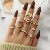 Lianfudai New Tide Individuality Retro Geometric Hollowing Inlay Gem Rings SetLiquid State Metal Four-Piece Rings Set Paty Jewelry